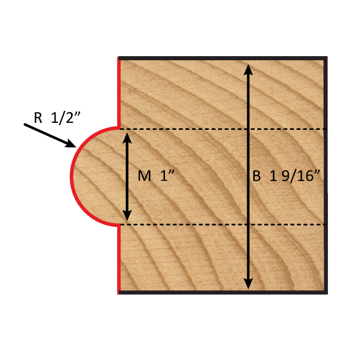 1 11/16" Dia, Carbide Tipped, Half Round Bull Nose Bit, 2 Flutes, 1/2" Shank, 3 1/16" Length