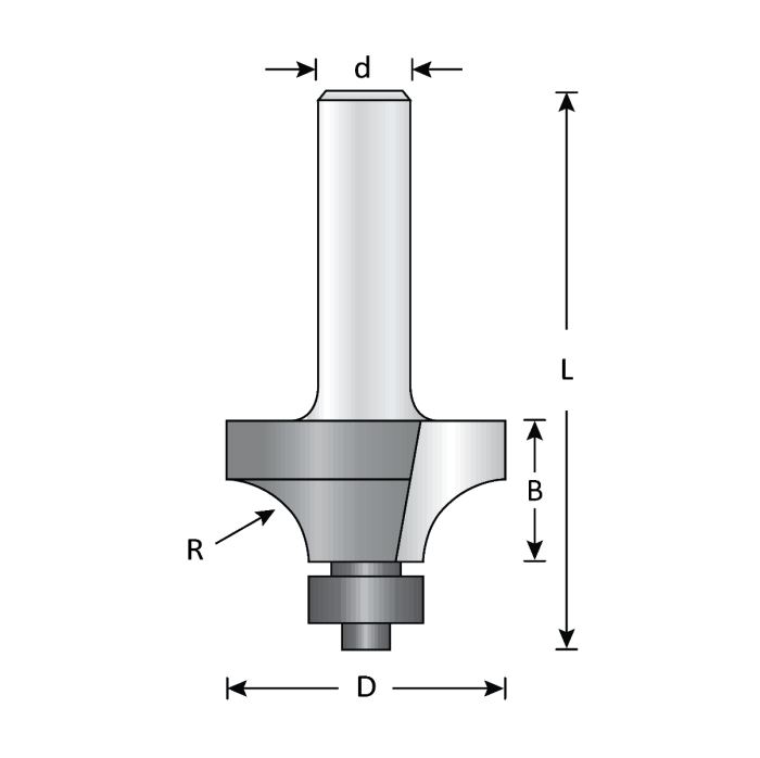 1 1/4" Dia, Carbide Tipped, Rounding Over Bit with 1/2" Ball Bearing, 2 Flutes, 1/2" Shank, 2 7/16" Length